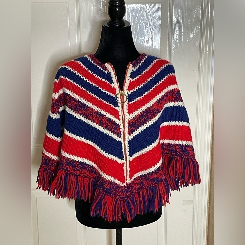 Handknitted Patchwork Wool Colorful Festival Boho Fringe Poncho Wrap - Picture 4 of 10